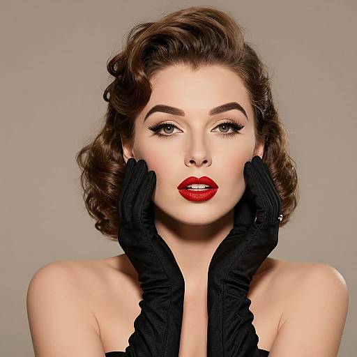 Vintage-style photograph of a fair-skinned woman with red lipstick, dark curled hair, black gloves, and intense gaze, against a plain gray background.