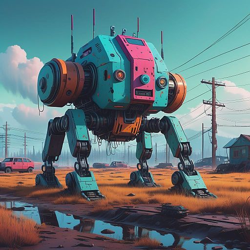 Colorful Robotic Creature in Dystopian Wasteland