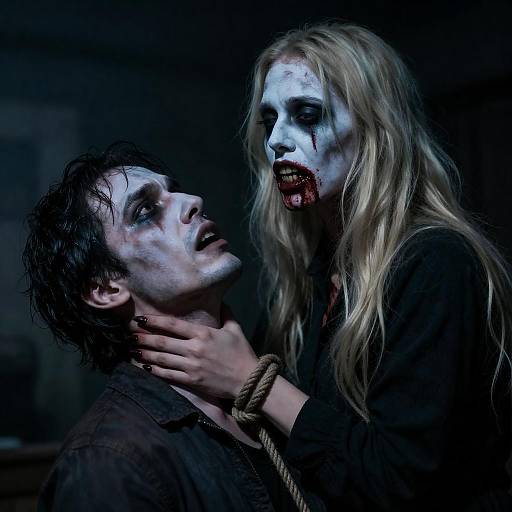 Horror Scene with Pale Woman and Bound Man