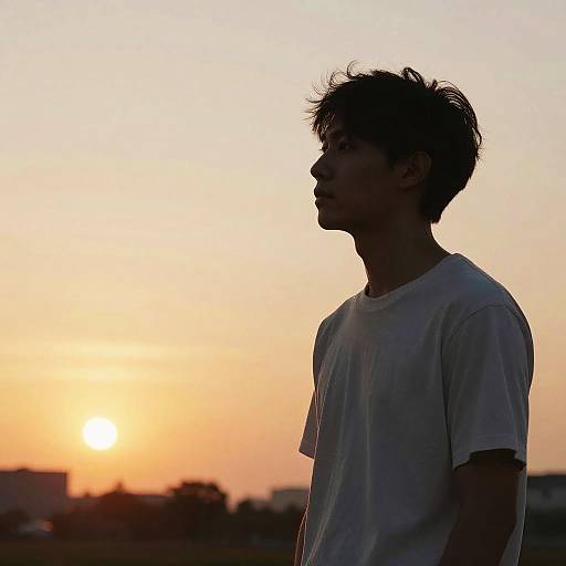 Photograph of a silhouetted young man in a white t-shirt, profile view, against a vibrant sunset with orange and yellow hues.