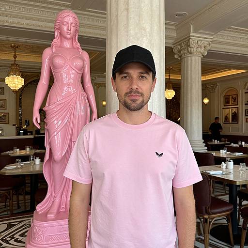 Photograph of a bearded man in a black cap and pink t-shirt standing in an elegant, classical restaurant with a pink statue of a goddess in