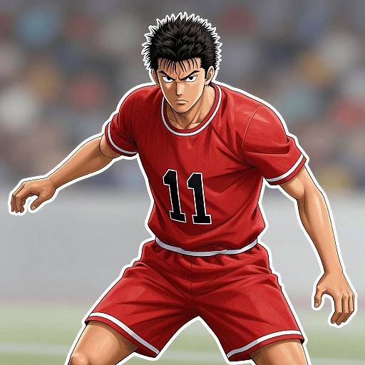 Digital anime-style illustration of a muscular, determined male soccer player in red jersey and shorts, number 11, with spiky black hair, intense expression
