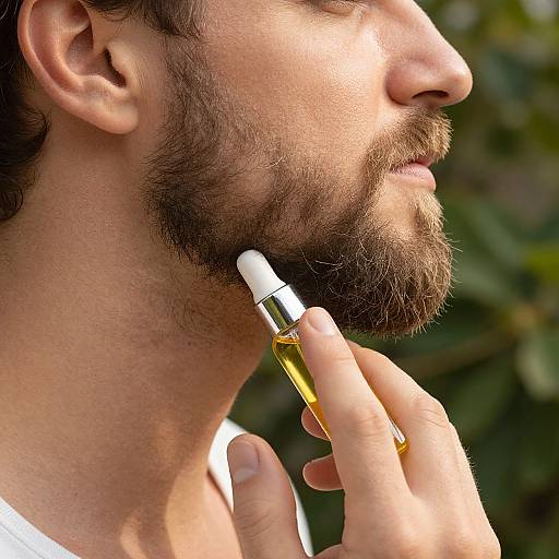 Close-up photograph of a bearded man applying perfume to his neck with a golden bottle, sunlight highlighting his facial features.