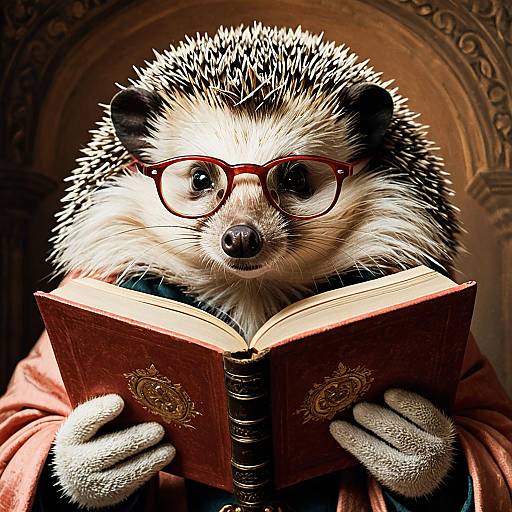 Hedgehog reading with glasses in mannerist style