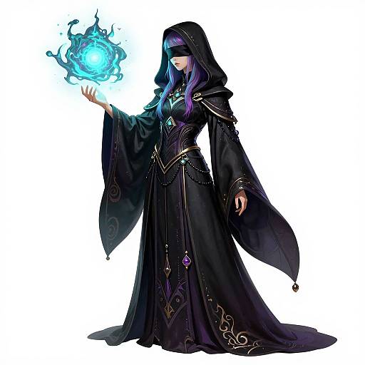 Digital art of a mysterious, hooded woman in black robes, glowing blue orb in her outstretched hand, white background.