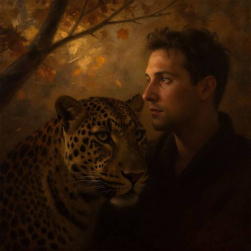 Digital painting of a man with dark curly hair and intense gaze, closely standing beside a majestic leopard with piercing eyes, against a warm, autumnal,