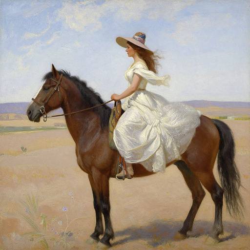 Oil painting of a woman in a flowing white dress and sunhat riding a brown horse in a sunlit, grassy field.