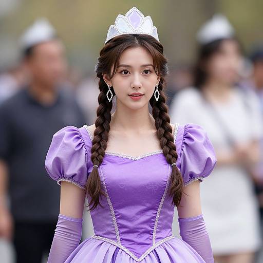 Photograph of an East Asian woman with long braids, wearing a white tiara, lavender princess dress, and gloves, standing outdoors with blurred background