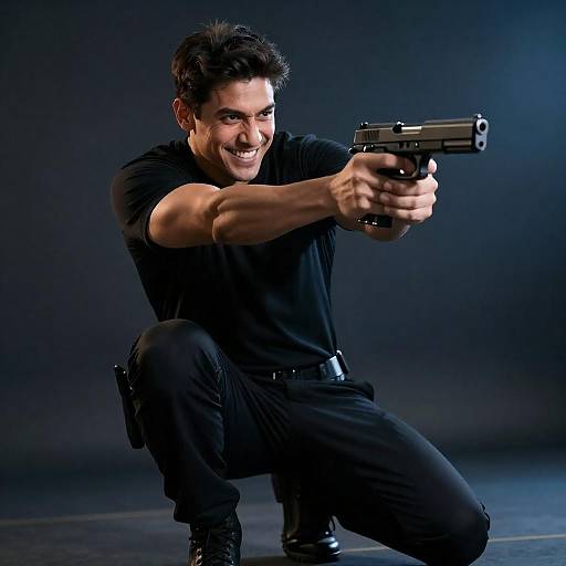 Man Aiming Handgun in Tactical Pose