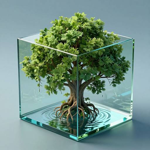 Photorealistic digital rendering of a lush, green tree with exposed roots, enclosed in a transparent, glowing blue cube. Tree's reflection ripples in