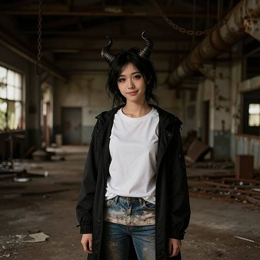 Photograph of an Asian woman with black horns, messy black hair, white tee, black jacket, and blue jeans in a dilapidated, abandoned
