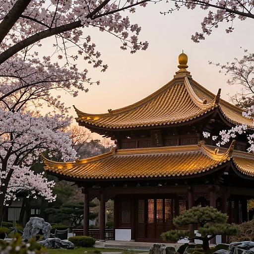 Photograph of a traditional Japanese pagoda with golden, upturned roof tiles surrounded by blooming cherry blossom trees at sunset.