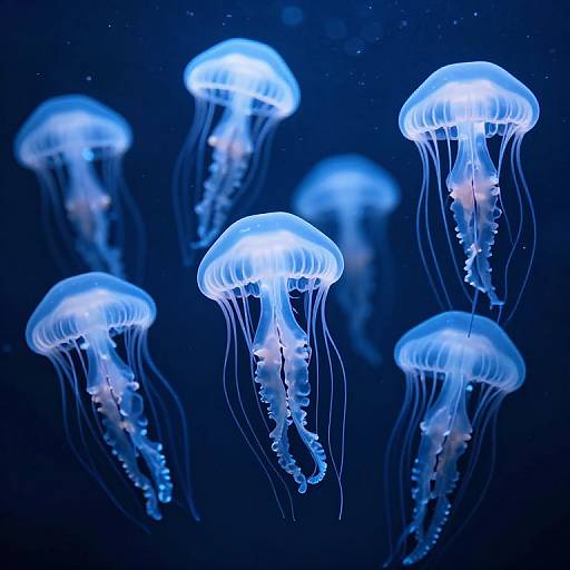 Photograph of glowing blue jellyfish with translucent bell-shaped bodies and long, trailing tentacles against a dark, blue underwater background.