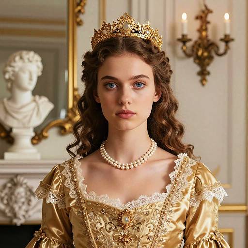 Photograph of a young woman with blue eyes, curly brown hair, wearing a gold lace dress, pearl necklace, and crown, standing in an orn