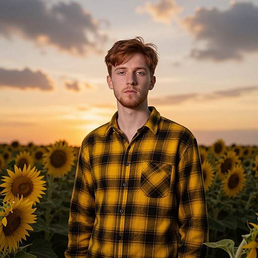 Photograph of a red-haired, bearded man in a yellow-black plaid shirt standing in a sunflower field at sunset.