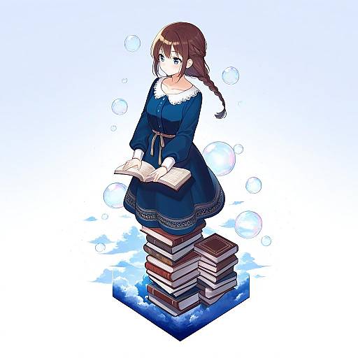 Anime Girl Reading on Books Stack in Sky