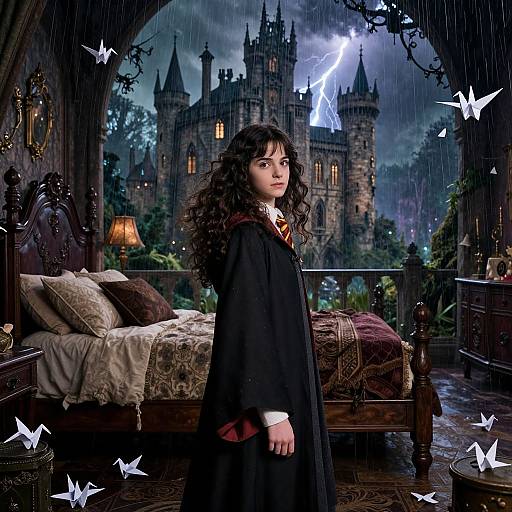 Young woman with curly black hair in a Hogwarts robe stands in a gothic bedroom, rain falling outside, castle illuminated by lightning in the background. Magical