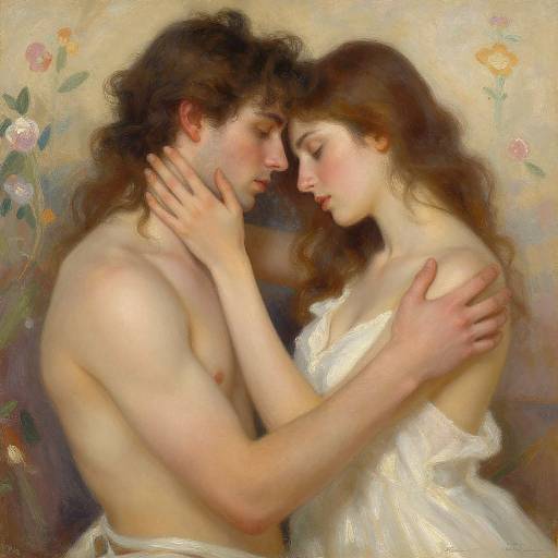 Romantic oil painting of a shirtless, curly-haired young man and a fair-skinned, brown-haired woman in a white dress, tenderly embracing
