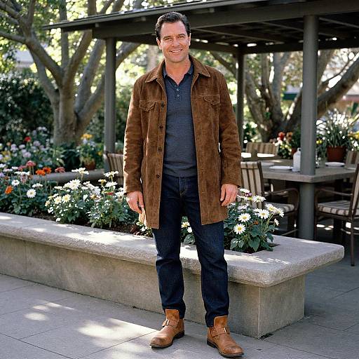 Photograph of a smiling man with short dark hair, brown suede coat, black shirt, jeans, and brown boots, standing in a sunny garden with
