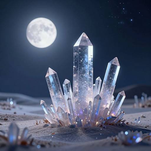 Photograph of glowing, crystal-clear, starry quartz crystals under a full moon in a dark, sandy desert night sky. Crystals reflect moonlight