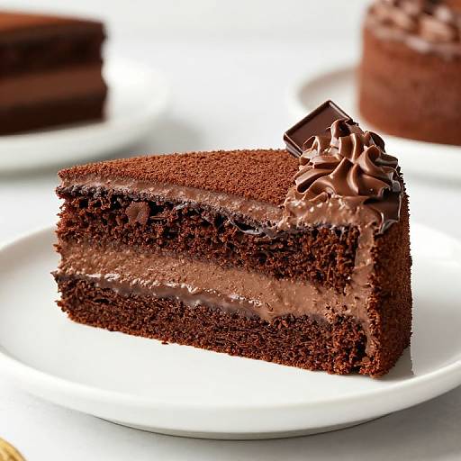 Photograph of a rich, chocolate layer cake slice with creamy chocolate frosting, topped with whipped frosting and a chocolate piece, on a white plate.