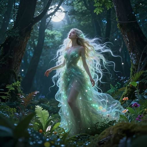 Digital artwork of a glowing, ethereal woman with long, flowing white hair in a luminous green dress, standing in a mystical forest illuminated by moon