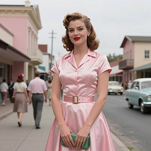 Woman in 1950s Pink Satin Dress on City Street