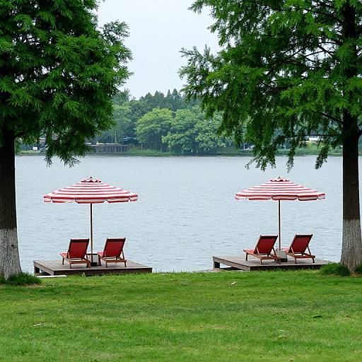 Serene Lakeside with Red Lounge Chairs