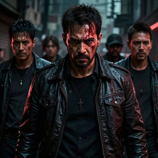Photograph of a rugged, bearded man with blood on his face, wearing a black leather jacket, leading a group of intense, shadowy men
