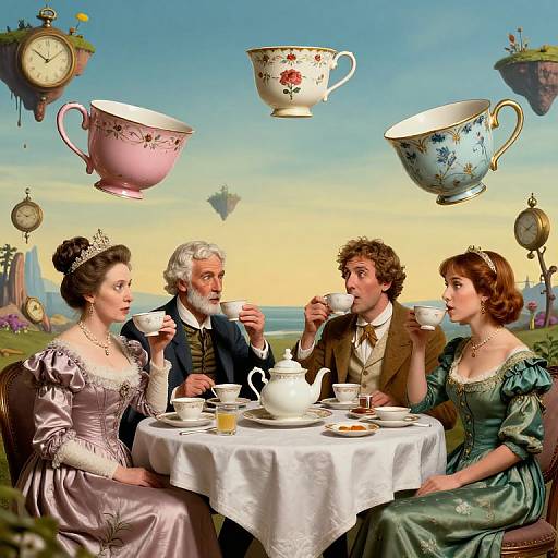 Digital illustration of Victorian-style tea party with four elegantly dressed people sipping tea from floating teacups, surrounded by floating clocks and teapots