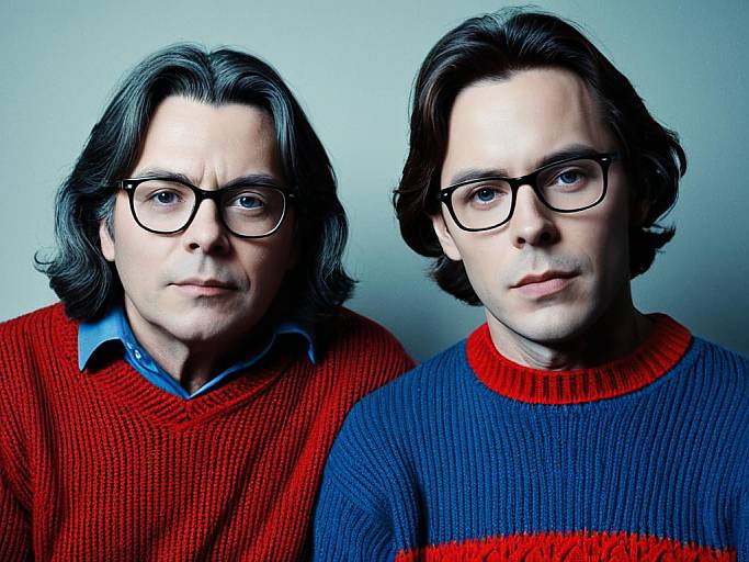 Photograph of two white men with black glasses, medium-length dark hair, wearing red and blue striped sweaters, against a plain light blue background.