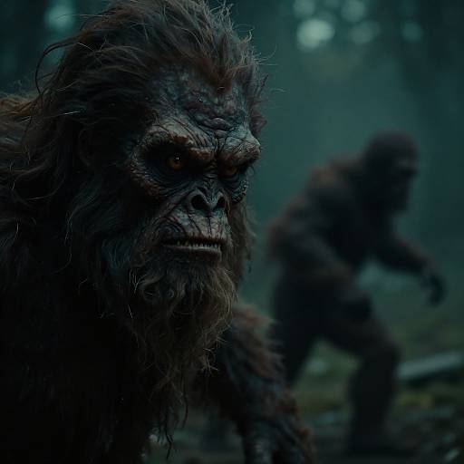 Photograph of two dark, hairy, menacing apes in a foggy forest, with one in sharp focus and the other blurred in the background.