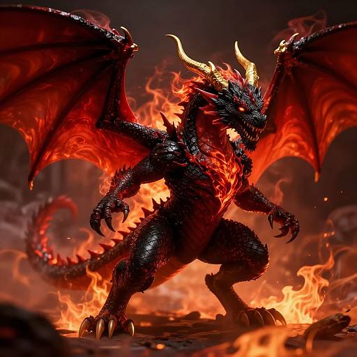 Digital art of a fierce, black-scaled, red-ember dragon with glowing eyes, large wings, and fiery background, standing amidst flames.