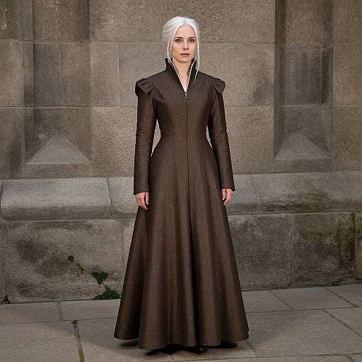 Photograph of a pale-skinned woman with white hair, wearing a long, black, Gothic-style dress, standing against a stone wall.