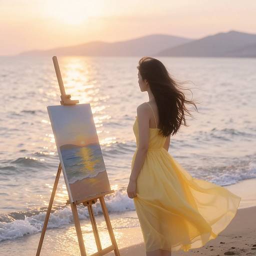 Girl Painting by Seaside Sunset
