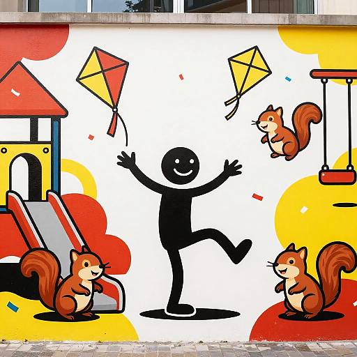Joyful Stick Figure with Playful Squirrels