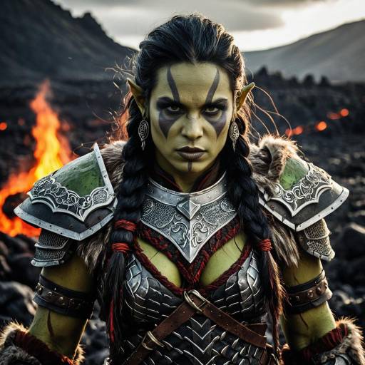 Fierce Female Orc Warrior in Volcanic Battlefield