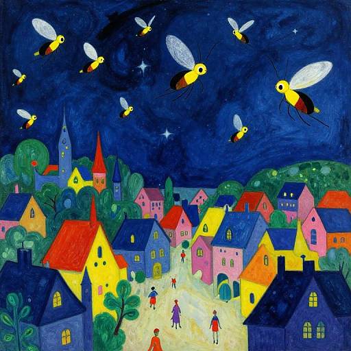 Vibrant night scene painting: colorful houses with glowing windows, surrounded by green trees, under a dark blue starry sky, with buzzing bees flying