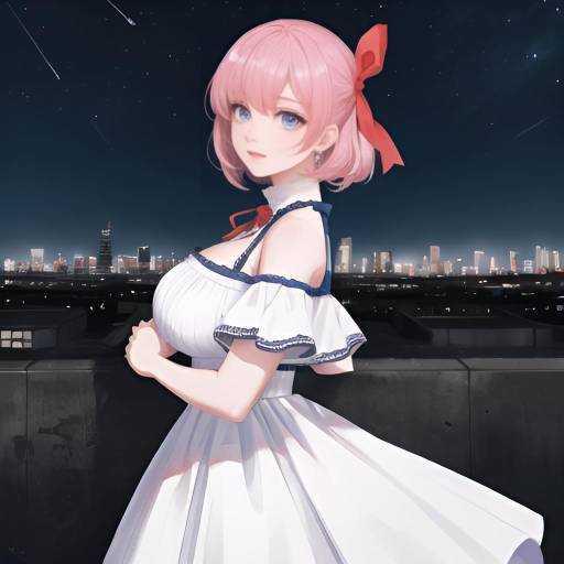 Aesthetic Anime Girl on Rooftop at Night