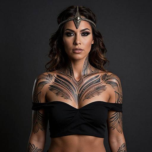 Photograph of a tattooed woman with dark wavy hair, wearing a black off-shoulder top and ornate headpiece, against a black