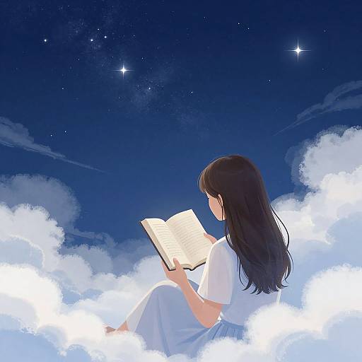 Anime-style digital illustration of a girl with long black hair, wearing a white dress, reading a book amidst floating clouds under a starry night sky.