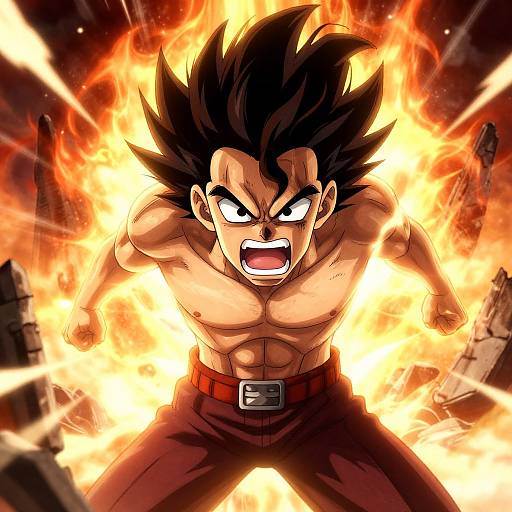 Digital anime artwork of shirtless, muscular Son Goku with spiky black hair, fierce expression, surrounded by bright orange flames, wearing red pants. Dynamic