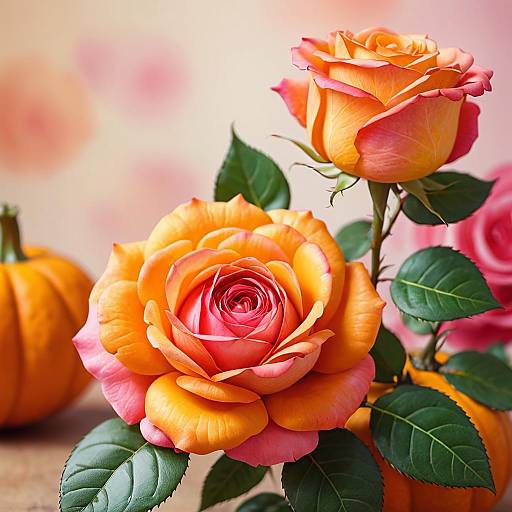Orange and Pink Roses with Pumpkins
