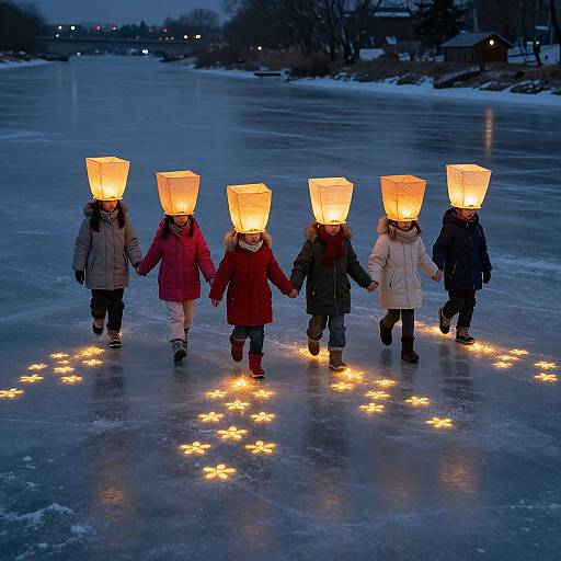 Photograph of six children walking on a frozen lake at night, holding hands and wearing paper lantern hats, surrounded by glowing star-shaped lights.
