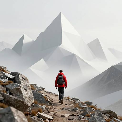 Photograph of a hiker in a red jacket and black backpack, standing on a rocky mountain path, facing sharp, mist-covered peaks.
