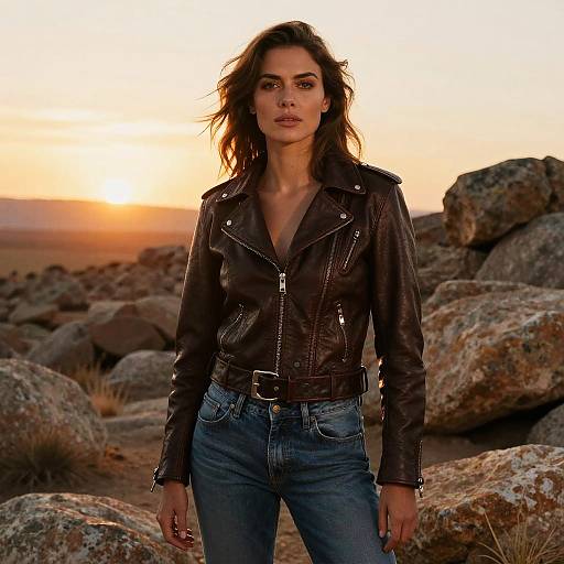 Photograph of a confident woman with wavy dark hair, wearing a black leather jacket and blue jeans, standing in a rocky desert landscape at sunset.