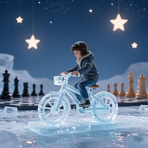 Photograph of a child in a dark winter coat riding a glowing blue ice bicycle on a frosty chessboard, with star-lit night sky and