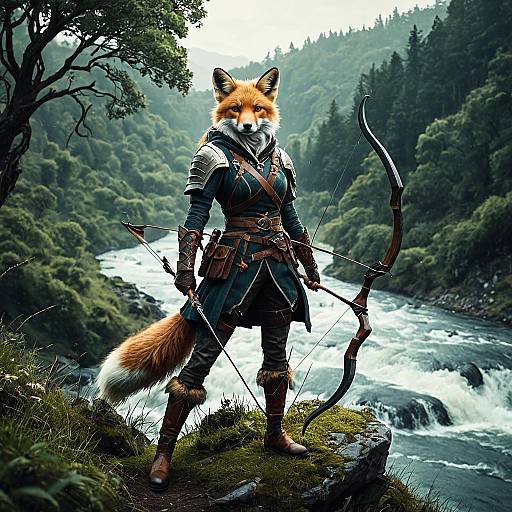 Anthropomorphic Fox Hunter with Bow in Forest