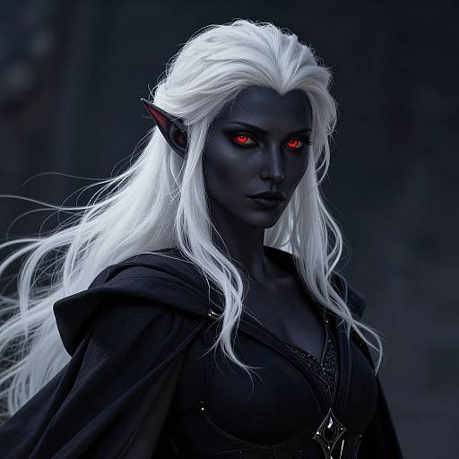 CGI image of a dark-skinned, white-haired elf with glowing red eyes, wearing a black cloak, against a dark, shadowy background.