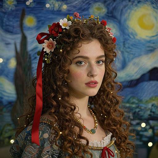 Photograph of a fair-skinned woman with curly brown hair, wearing a flower crown, red ribbon, and patterned dress, against a Van G